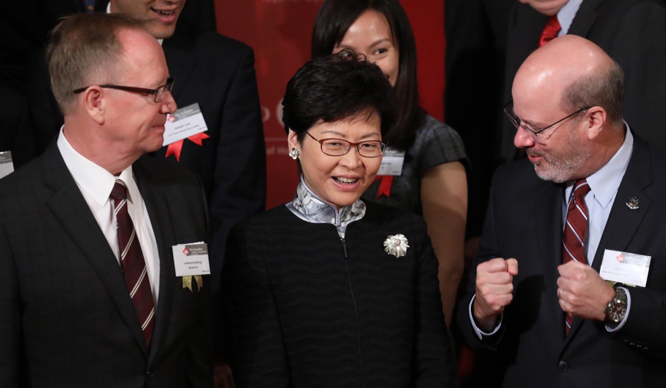 (From left) Lawrence Nutting, Manulife HK; Chief Executive Carrie Lam and Jeff Nankivell, Consulate General of Canada at a lunch hosted by Canadian Chamber of Commerce in Admiralty. Photo: Edward Wong
