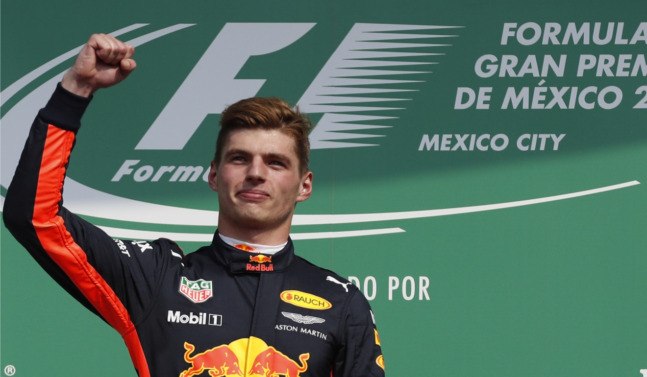 Red Bull driver Max Verstappen celebrates on the podium after winning the Mexican Grand Prix. Photo: AP