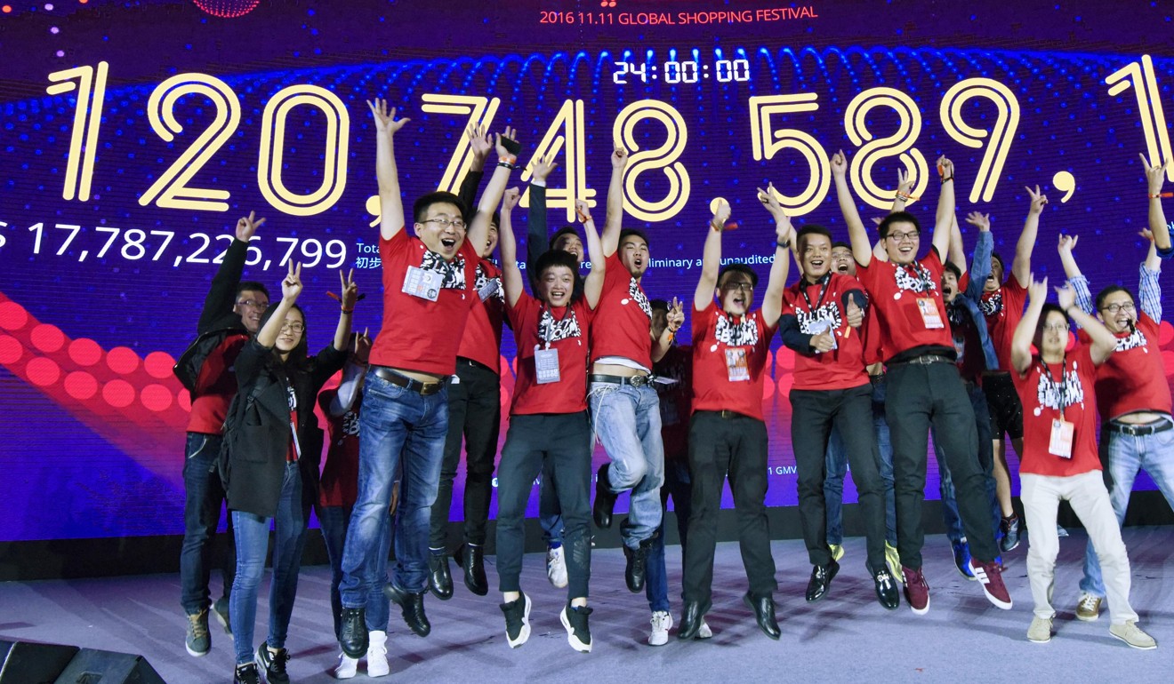 Singles’ Day sales by Alibaba rose 32 per cent to US$17.8 billion last year following a 54 per cent jump in 2015. In 2014, sales climbed year on year to US$9.3 billion. Photo: KYODO