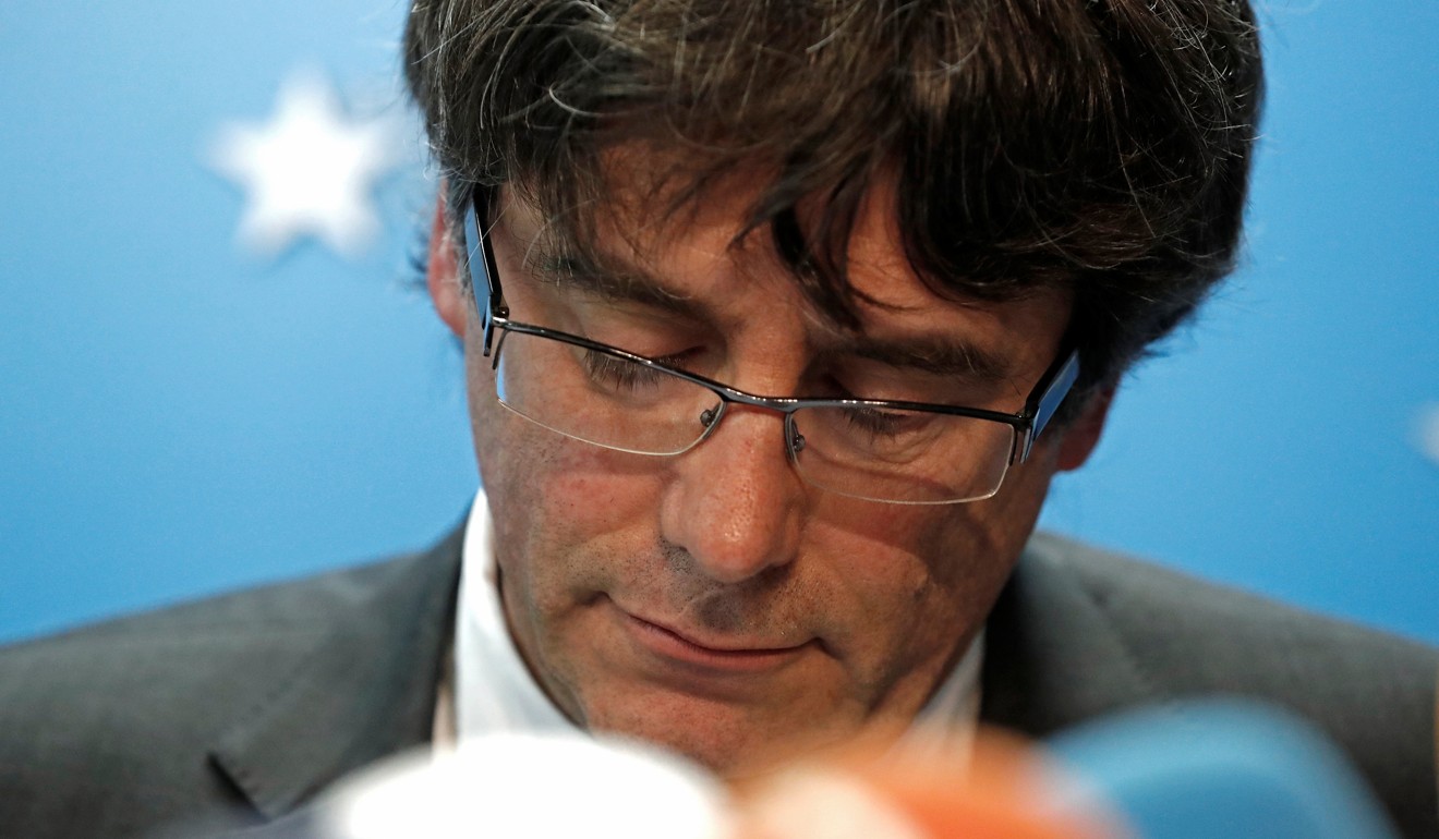 Sacked Catalan leader Carles Puigdemont attends a news conference at the Press Club Brussels Europe in Brussels, Belgium, on Tuesday. Photo: Reuters