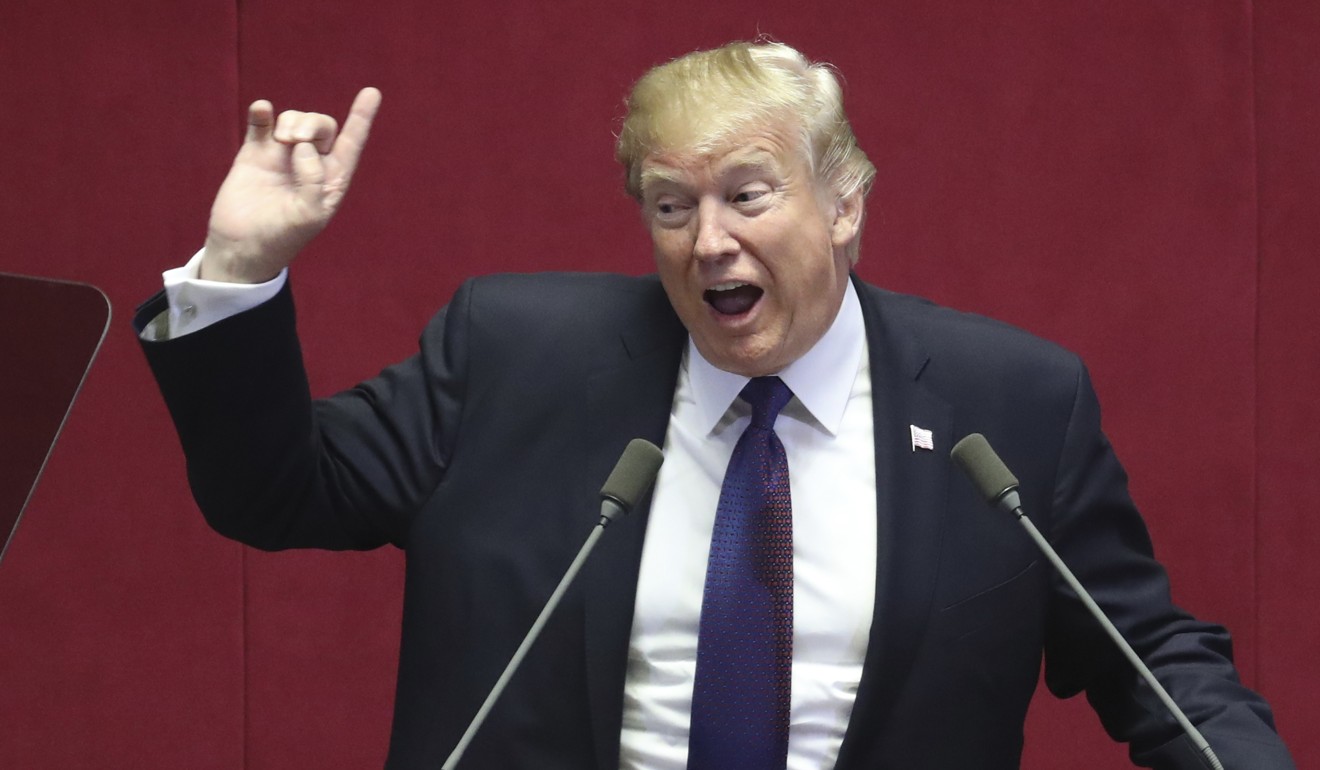 US President Donald Trump delivers a speech at the National Assembly in Seoul, South Korea, earlier this week, taking aim at North Korea’s ongoing nuclear missile programme. Photo: AP