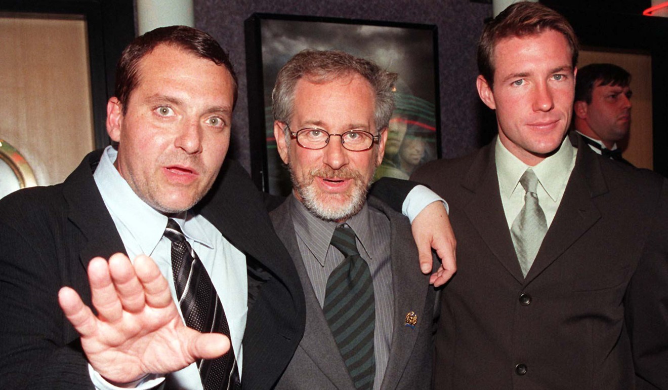 Tom Sizemore with director Steven Spielberg and Edward Burns at the London premiere of Saving Private Ryan. Photo: EPA