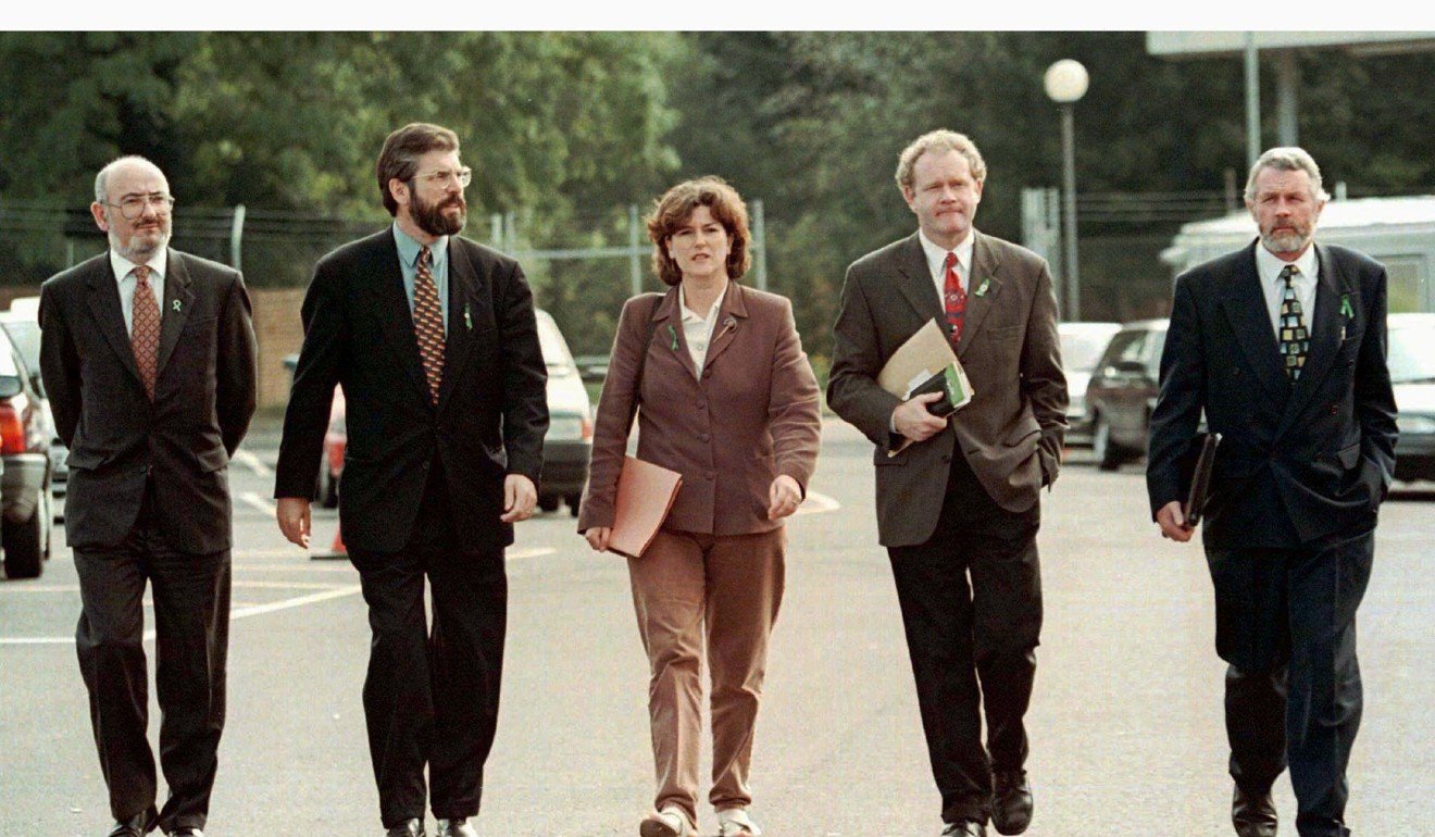 Sinn Fein’s talks delegation arrives at Stormont for a meeting with Secretary of State Mo Mowlam August 6. Left to right: Caiomhghin O’Caolain, Gerry Adams, Lucilita Bhreatnach, Martin McGuinness and Martin Ferris. Photo: Reuters