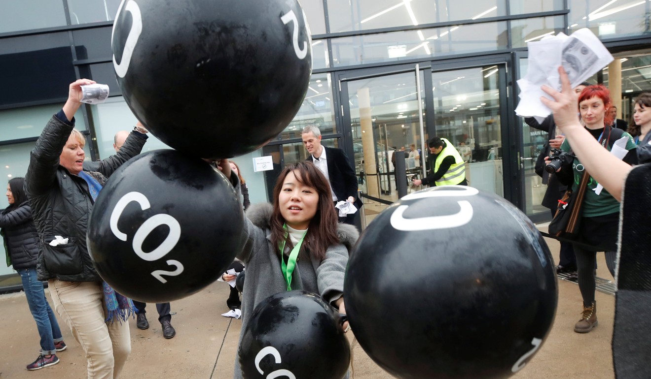 Activists protest against carbon dioxide emissions in front of the World Congress Centre Bonn, the site of the COP23 UN Climate Change Conference in Germany. Photo: Reuters