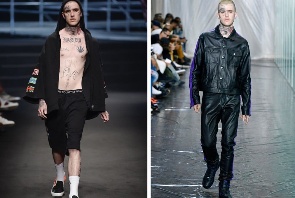 Lil Peep in Marcelo Burlon's spring/summer 2018 show (left) and VLONE's spring/summer 2018 show.