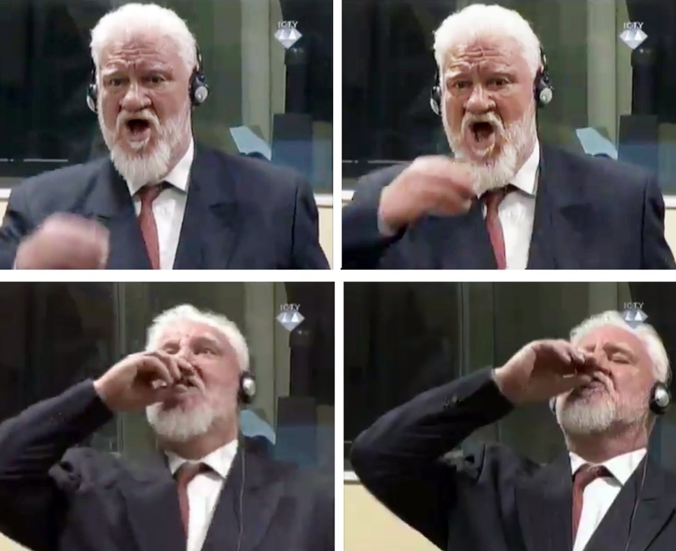 A series of four video stills shows Bosnian Croat Slobodan Praljak taking an unknown substance at the court in The Hague. Photo: EPA