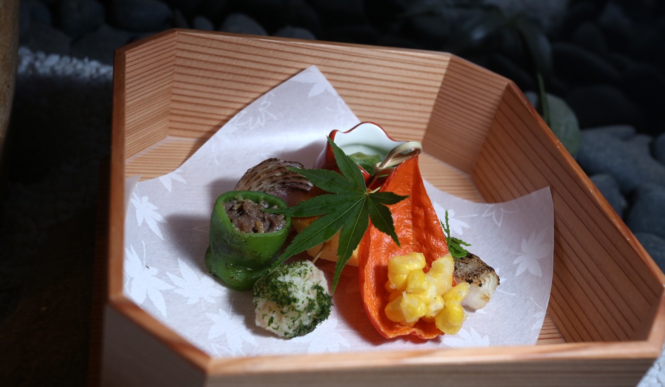 Taro, Okura egg castella, lotus root mocha, sweetcorn, beef with Manganji-temple green pepper, chef’s sushi selection from Kaiseki Den. Photo: Jonathan Wong