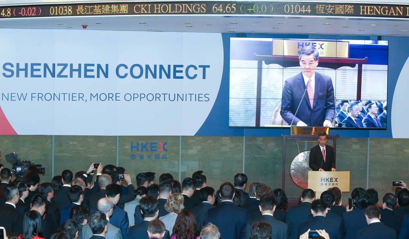 Former Hong Kong Chief Executive Leung Chun-ying attends the Launch Ceremony of Shenzhen-Hong Kong Stock Connect just less than a year ago. Photo: K.Y. Cheng