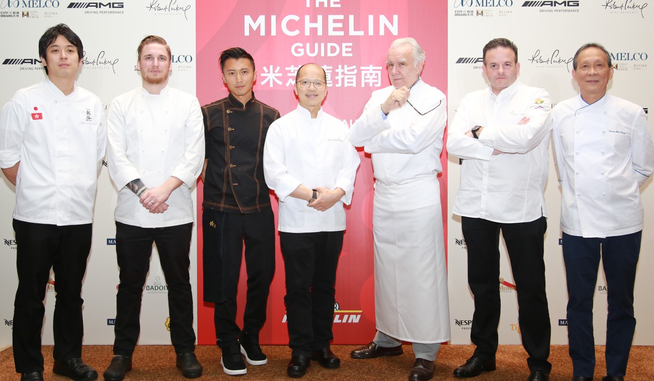 Cooking with the stars (from left): Hidemichi Seki (two Michelin stars); Noah Sandoval (two stars); Tse, Tam Kwok-fung (two stars), Alain Ducasse (three stars), Fabrice Vulin (two stars) and Kwong Wai-keung (three stars).