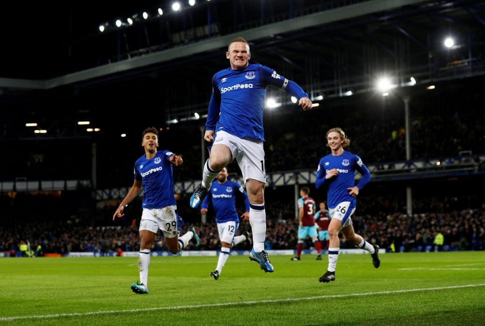 Everton’s Wayne Rooney celebrates scoring their opening goal in their recent win over West Ham. Photo: Reuters