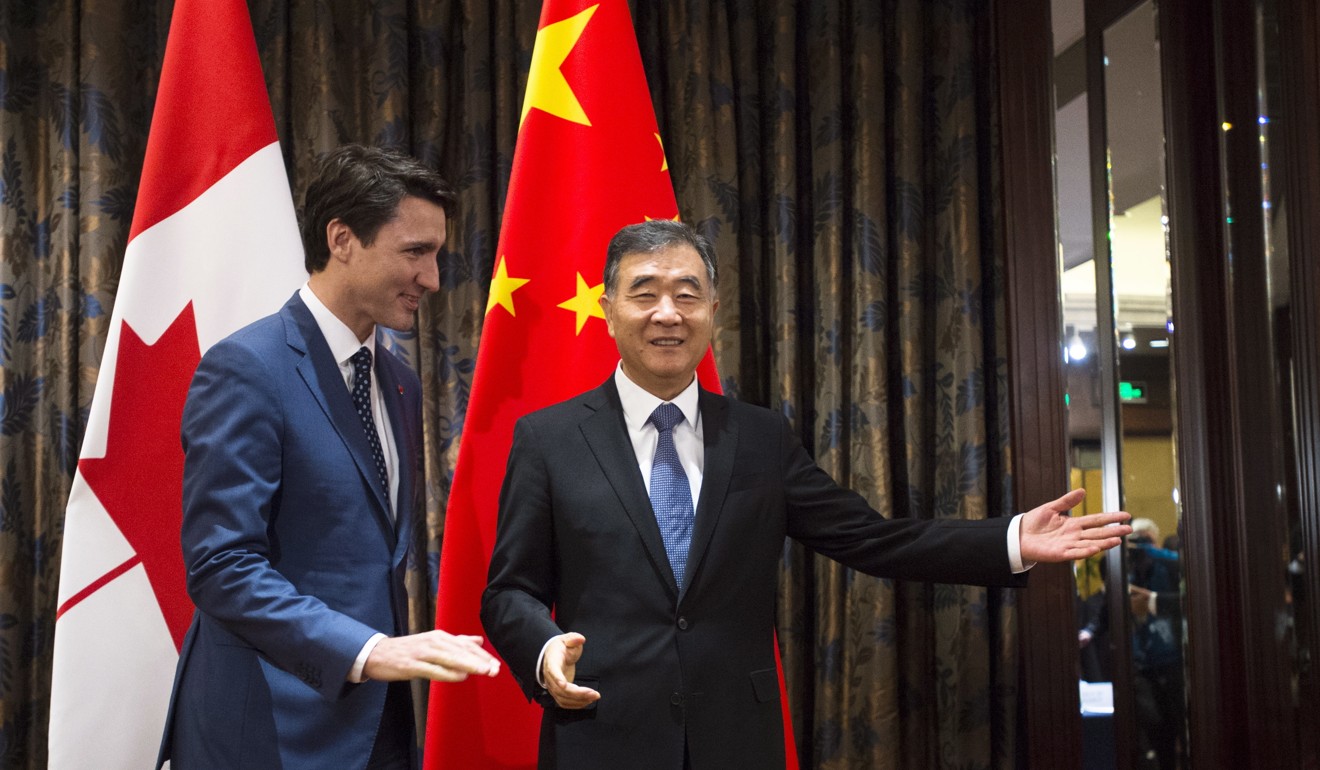 Canadian Prime Minister Justin Trudeau meets Chinese Vice-Premier Wang Yang at the Fortune Global Forum in Guangzhou on Wednesday. Photo: AP