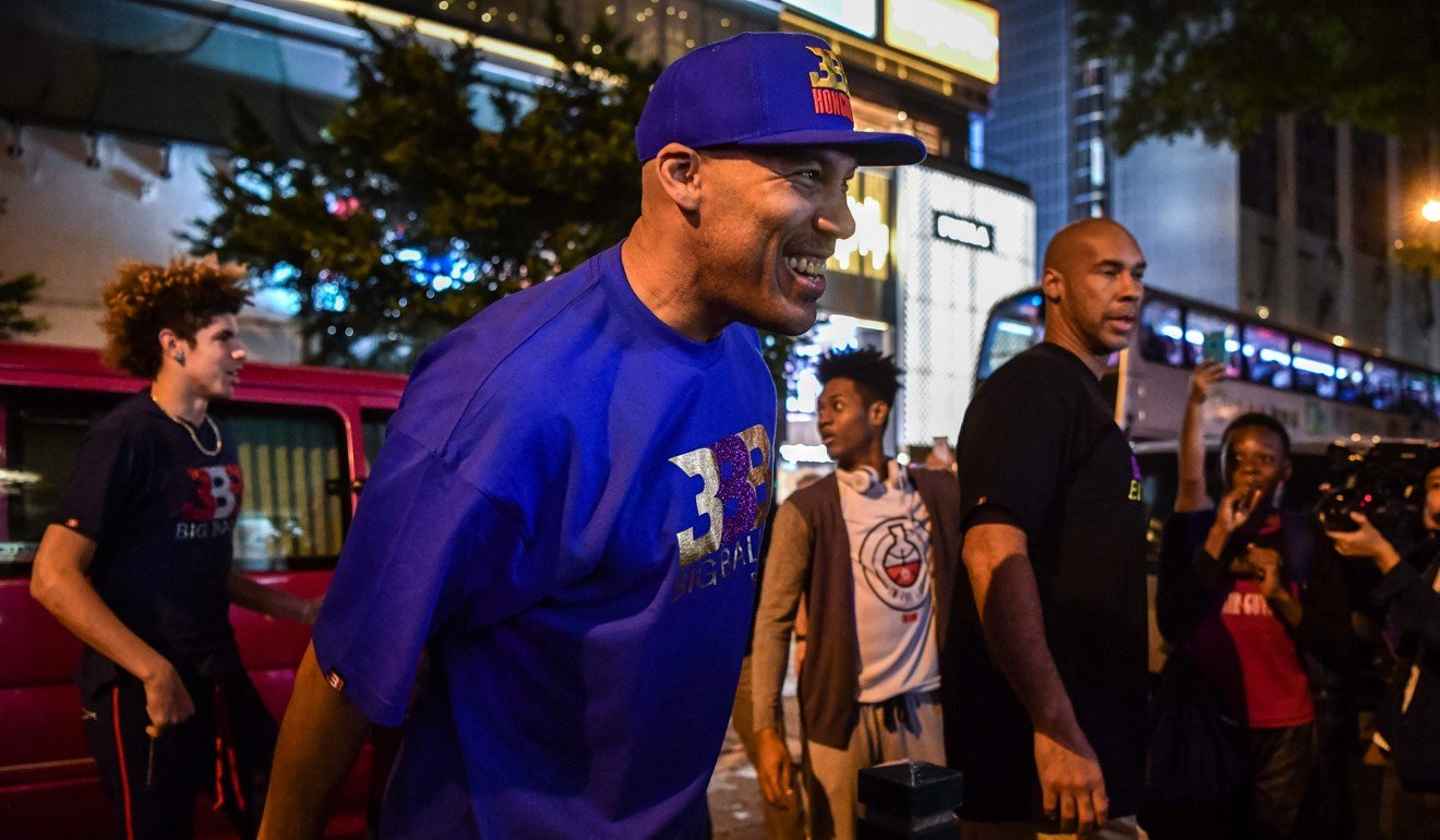 LaVar Ball (centre) arrives with LaMelo for Big Baller Brand promotional event in Hong Kong. Photo: AFP