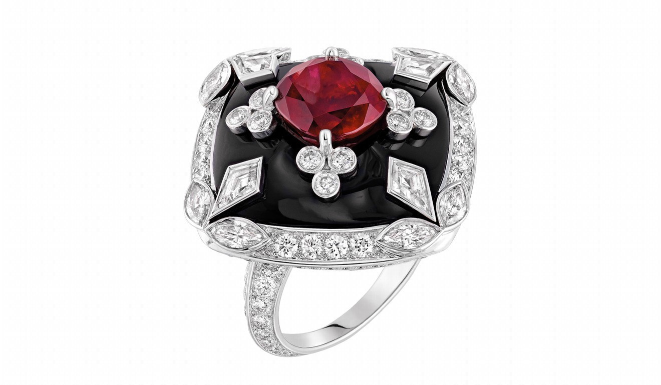 Boucheron’s white gold onyx ring is set with a 4.36ct Burma ‘pigeon’s blood’ ruby and paved diamonds.