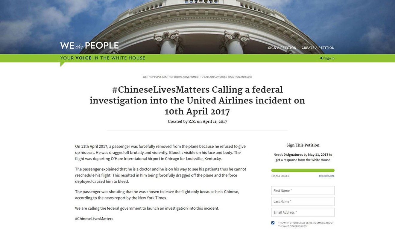 A #ChineseLivesMatter petition on the We the People site, launched in response to United Airlines’ manhandling of a passenger in April, reached its goal of 100,000 signatures. Photo: WethePeople