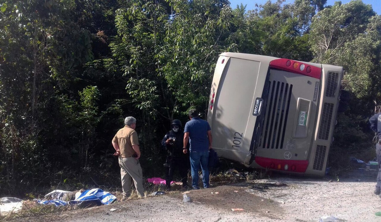 General view of a crashed bus at the Chetumal-Mahahual highway, in Mahahual, Mexico. Photo: EPA