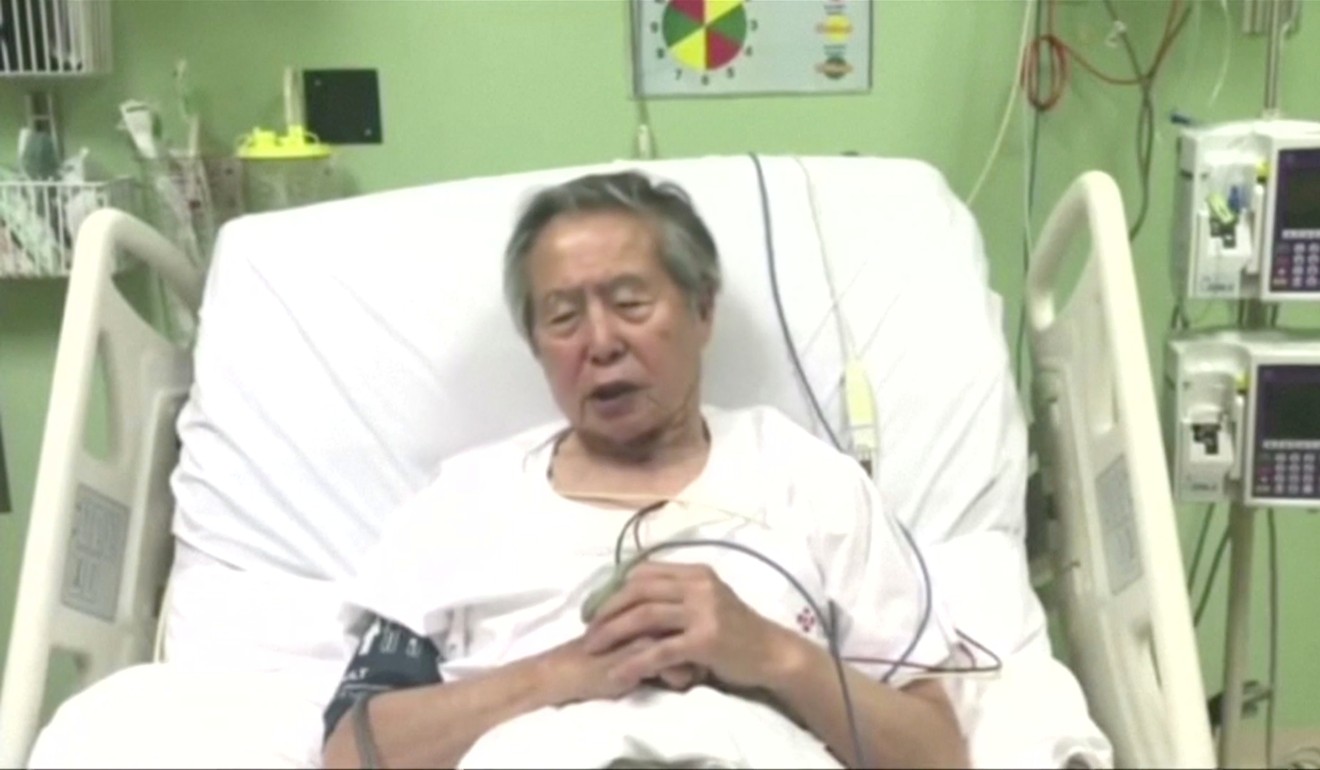 Peru’s former President Alberto Fujimori asks for forgiveness from Peruvians as he lies in hospital bed in Lima in this still image taken from a video posted on Facebook on Tuesday. Photo: Reuters