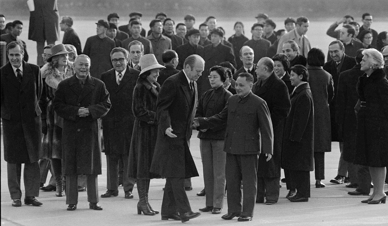 Vice-premier Deng Xiaoping (centre, right) with US president Gerald Ford (centre, left) after Ford's arrival in Beijing in December 1975 . Photo: AP