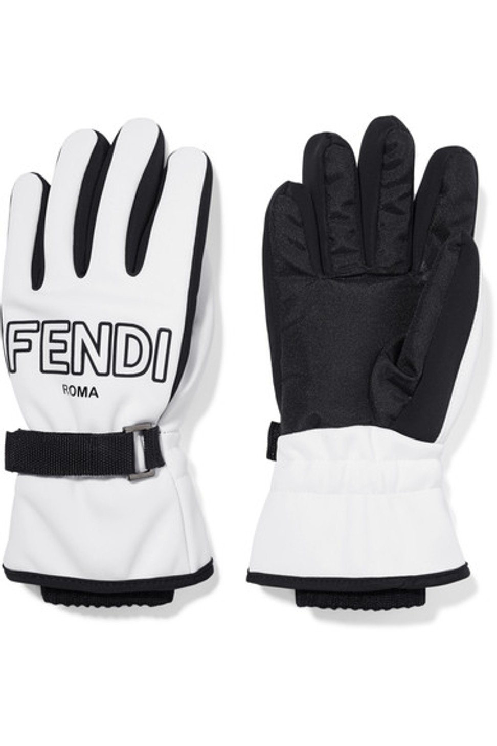 Fendi. These ski gloves,with ribbed-knit cuffs and fastening tabs, are lined with warm fleece, HK$4,500