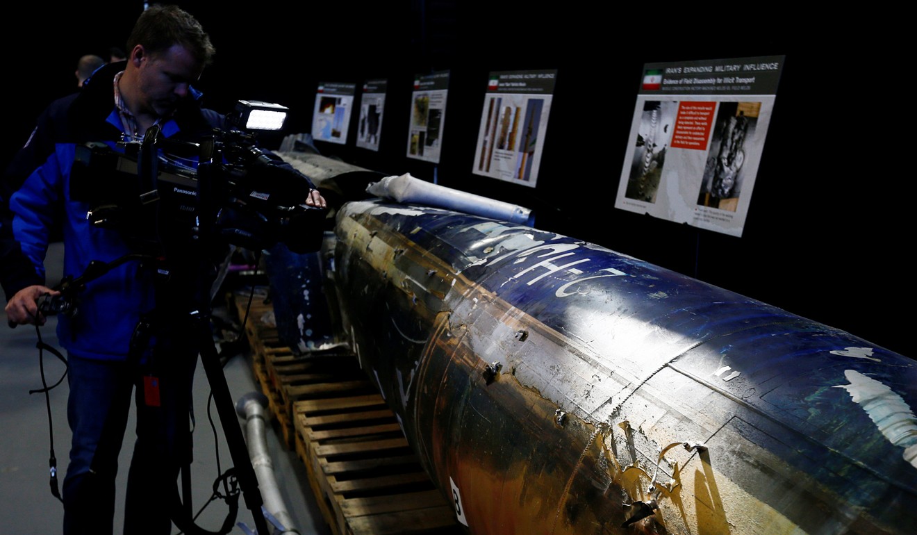 A missile that the US Department of Defence says is a “Qiam” ballistic missile manufactured in Iran and that the Pentagon says was fired by Houthi rebels from Yemen into Saudi Arabia on July 22. Photo: Reuters