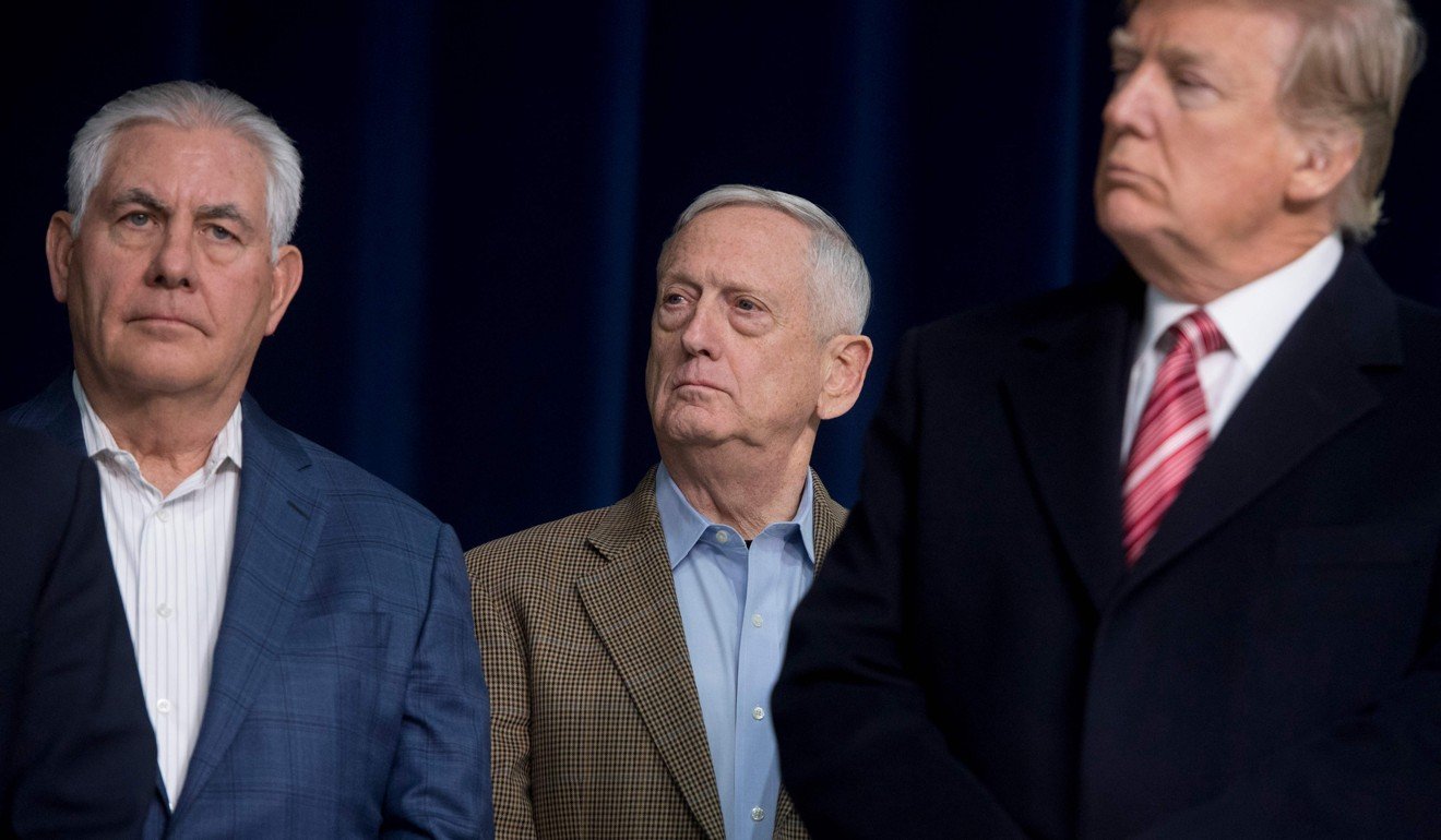 US President Donald Trump (right) pictured with Secretary of Defence Jim Mattis (centre) and Secretary of State Rex Tillerson (left) during a meeting of his advisers at Camp David in Maryland earlier this month. Photo: AFP