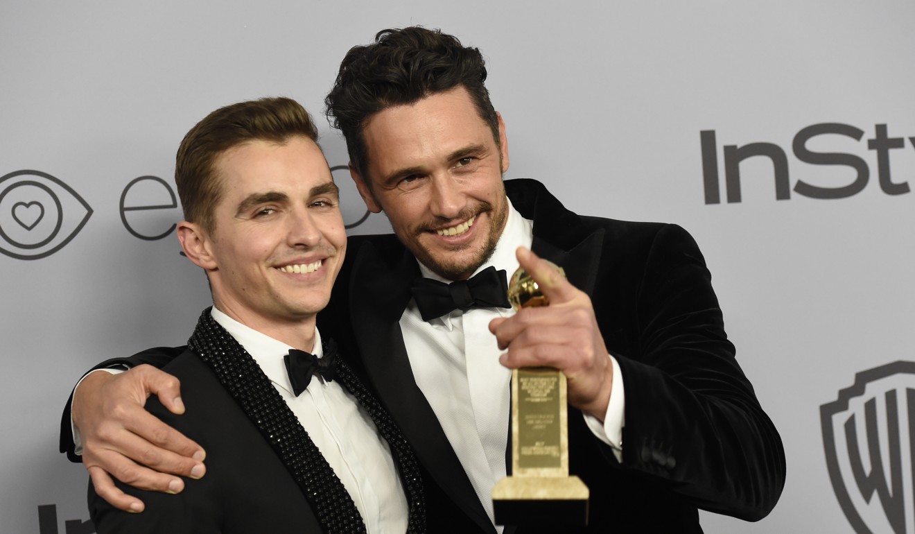 Franco (seen here with brother Dave after winning his award on Sunday) wore a pin supporting Time’s Up, a campaign against sexual harassment and abuse, to the show. His accusers slammed him for doing so. Photo: Invision via AP