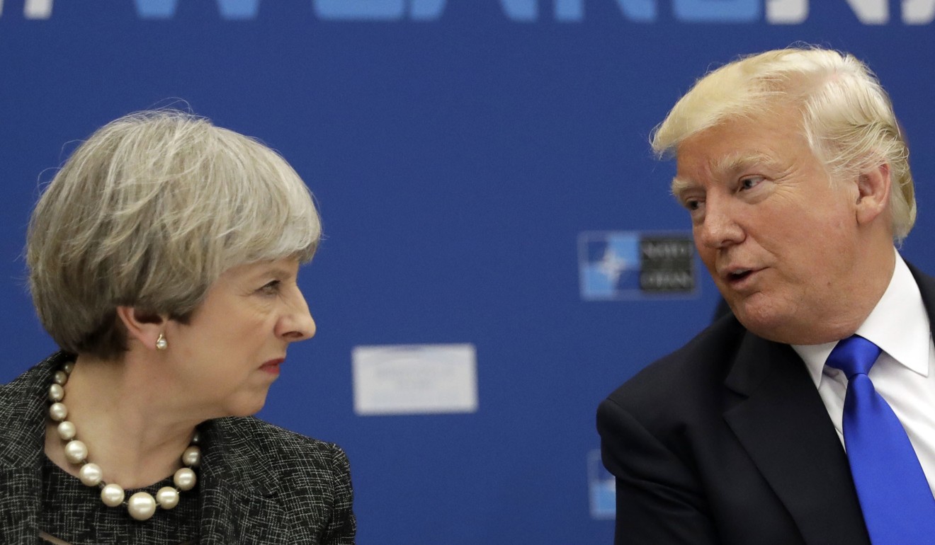 Theresa May and Donald Trump during a working dinner at Nato headquarters in Brussels on May 25, 2017. Photo: AP