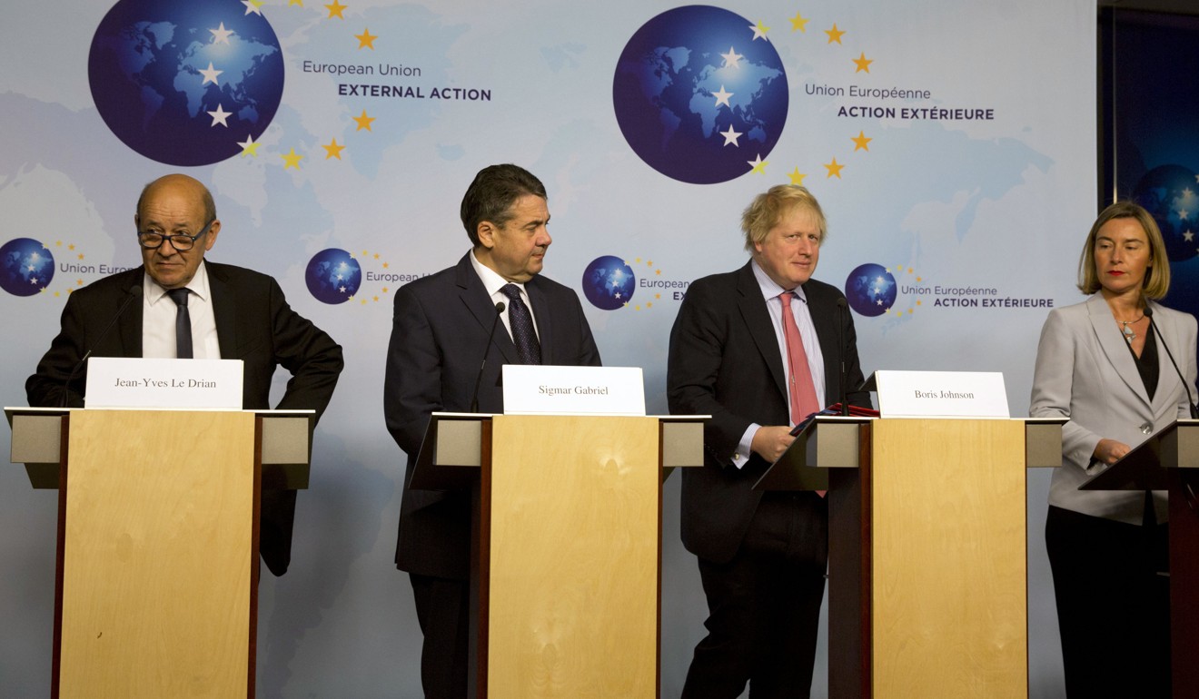 As Trump decided what to do about the sanctions proposal (left-to-right) French Foreign Minister Jean-Yves Le Drian, German Foreign Minister Sigmar Gabriel, British Foreign Secretary Boris Johnson and European Union foreign policy chief Federica Mogherini, among others, held talks with their Iranian counterpart in Brussels on Thursday. The EU supports the deal, but Iran says it will pull out if the US leaves. All now have 120 days to find a solution Trump likes. Photo: AP