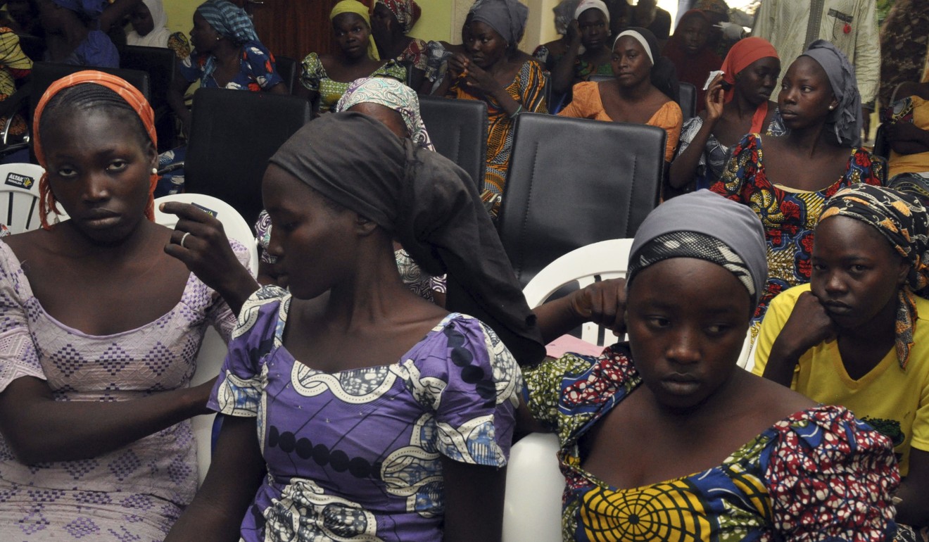 Chibok school girls seen in a photo released in May, 2017 by Boko Haram. Photo: AP
