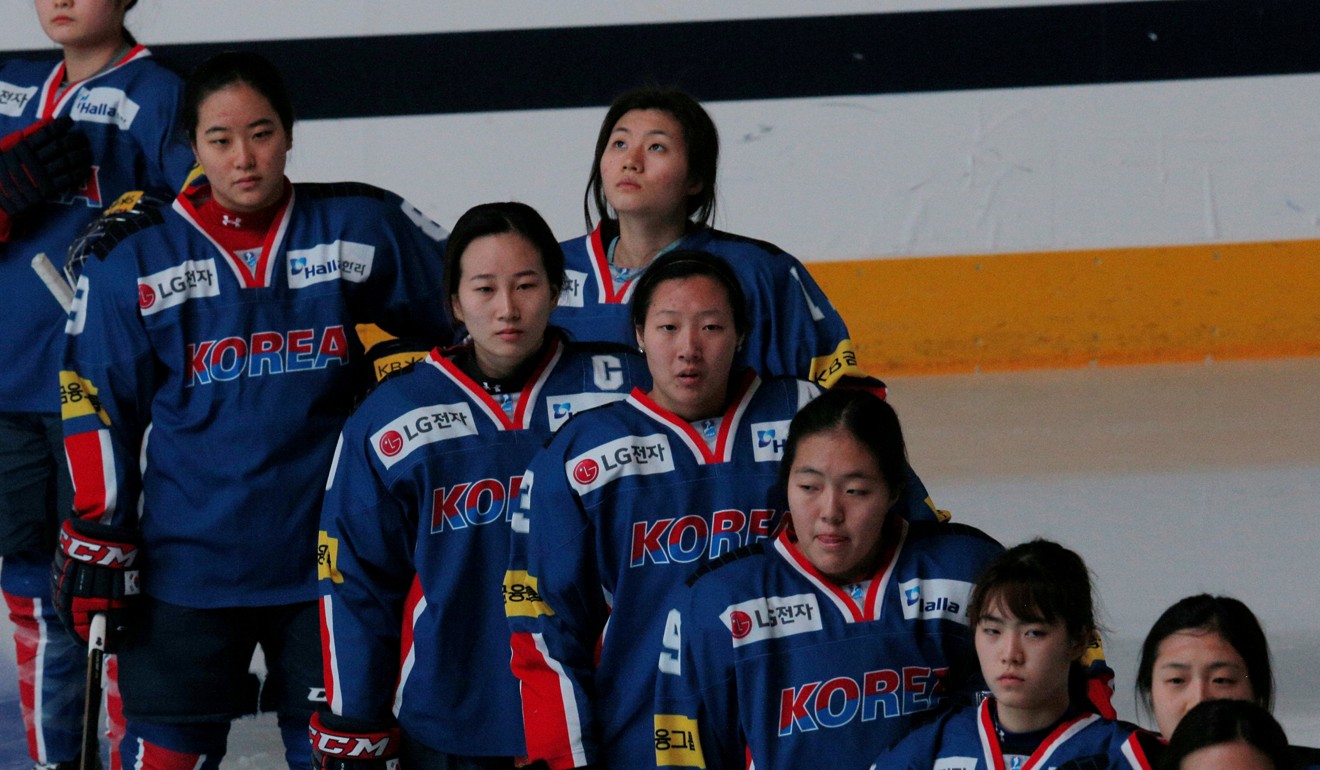Members of the South Korean women's ice hockey team stand for their national anthem before a game in the US. Photo: Reuters