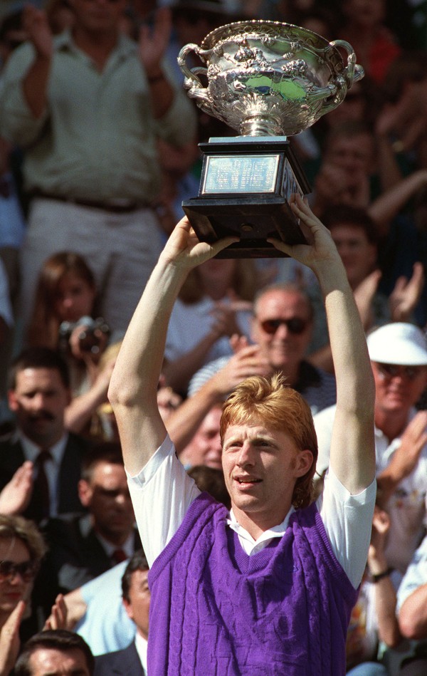 Boris Becker holds up the trophy after beating Ivan Lendl in the 1991 Australian Open final. Photo: AFP