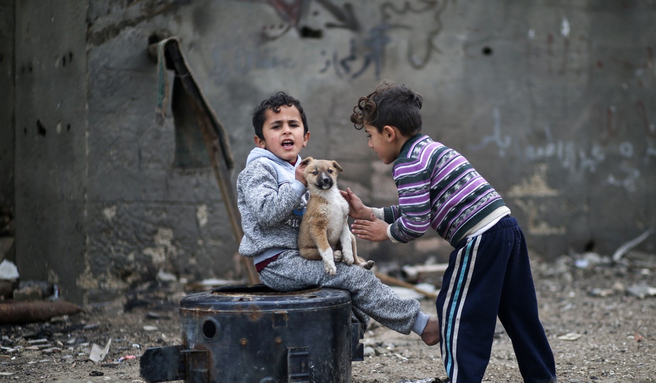 Palestinian boys play with a puppy as they sit near their home in a refugee camp in Gaza City on Tuesday. The United Nations Relief and Works Agency for Palestine Refugees (UNRWA), set up after the 1948 creation of Israel that drove huge numbers of Palestinians from their homes, faces what the UN has described as the “most severe” crisis in its history as the US held back $65 million that had been assigned for it two weeks after President Donald Trump threatened future payments. Photo: Agence France-Presse