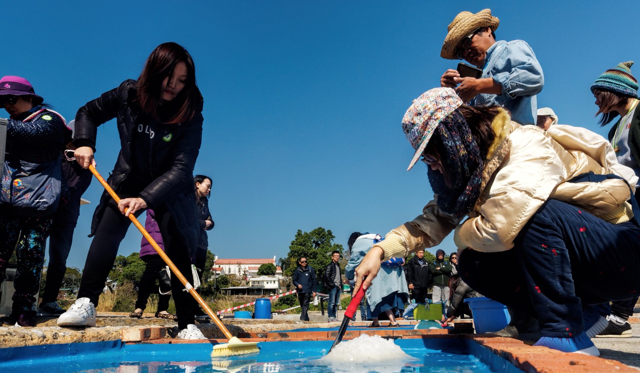 A group of visitors take part in salt sweeping at Yim Tin Tsai. Photo: Martin Williams
