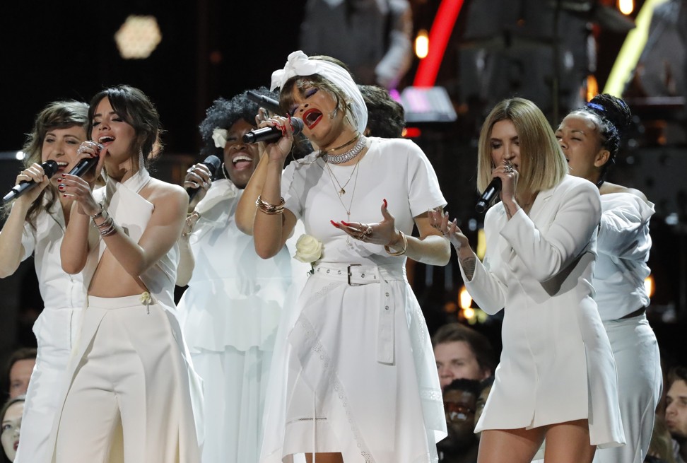 Camila Cabello (front left), Andra Day (centre) and Julia Michaels perform ‘Praying’ at the Grammy Awards on Sunday. Photo: Reuters