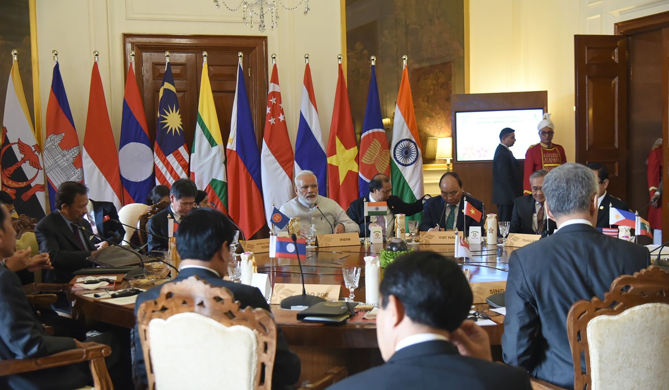 Indian Prime Minister Narendra Modi (centre) meets Asean heads of state in New Delhi on January 25. Photo: AFP