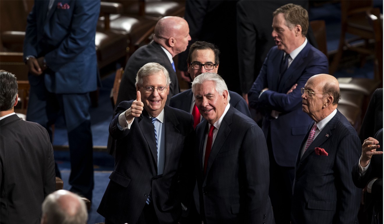 Senate Majority Leader Mitch McConnell (left) is seen with Tillerson just after a State of the Union address by US President Donald Trump on Tuesday. Photo: Bloomberg