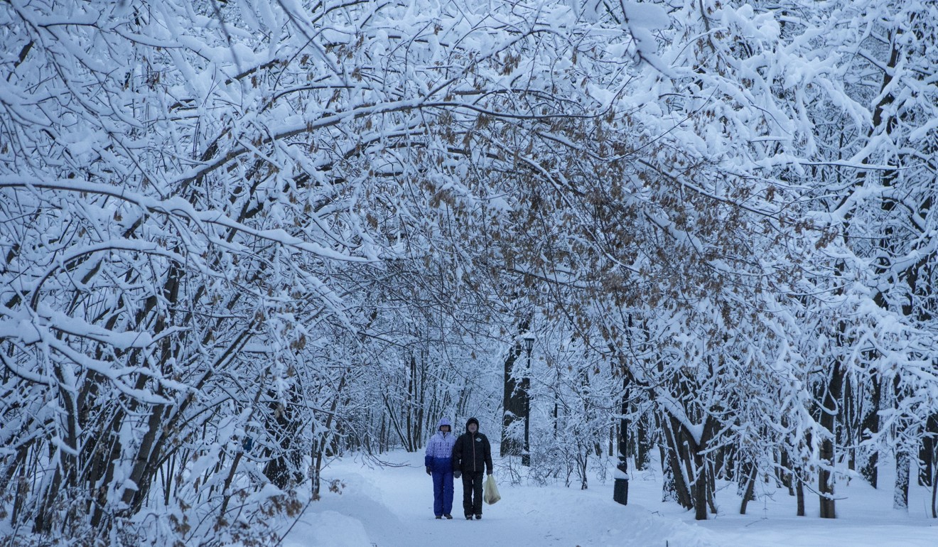 A couple walks through a park during heavy snowfall in Moscow, on Sunday. Photo: AP