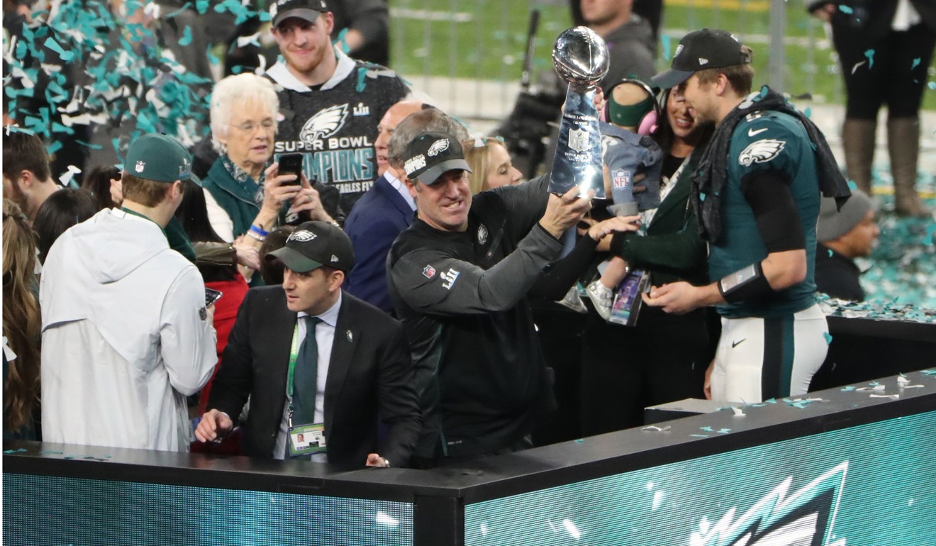 Philadelphia Eagles head coach Doug Pederson holds up the Vince Lombardi Trophy after a victory over the New England Patriots. Photo: USA Today
