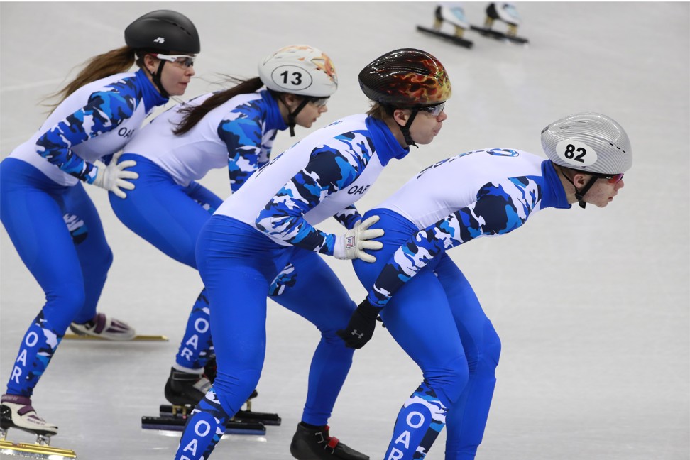 Members of the short track speed skating team of the Olympic Athletes from Russia (OAR) during a training session prior to the start of the Pyeongchang 2018 Winter Games. Photo: EPA