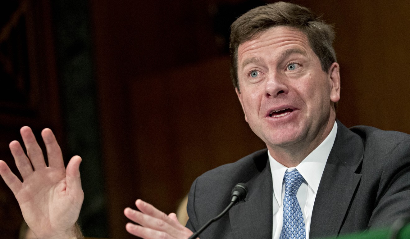 Jay Clayton, chairman of the US Securities and Exchange Commission (SEC), speaks during a Senate Banking, Housing and Urban Development Committee hearing in Washington, on February 6, 2018. Cryptocurrency exchanges roiled by the rout in bitcoin prices may face more turbulence as the two top US market regulators ask Congress to consider federal oversight for the trading platforms. Photo: Bloomberg