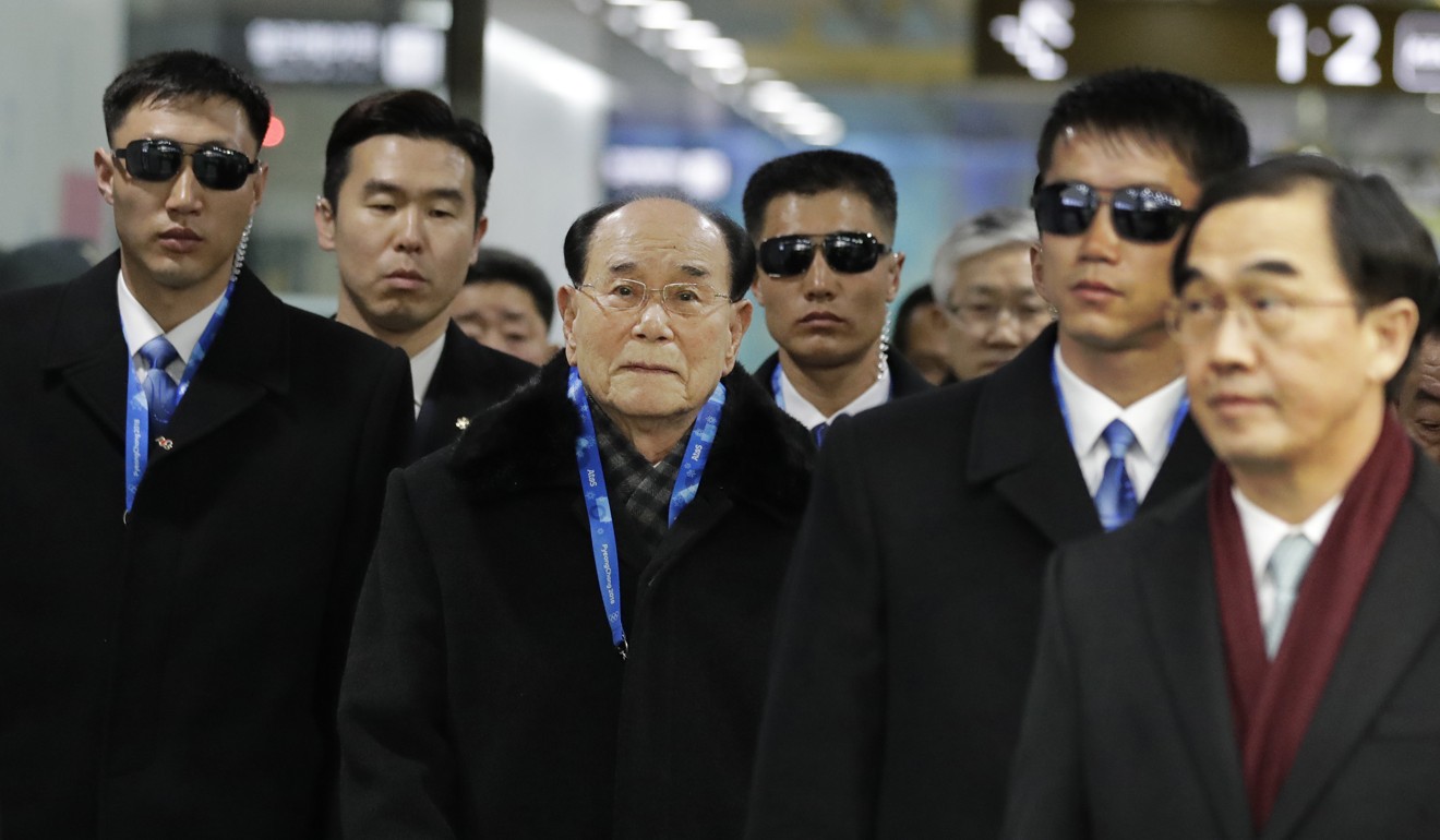 North Korea’s nominal head of state Kim Yong-nam (centre) at Jinbu station in Pyeongchang. Photo: AP