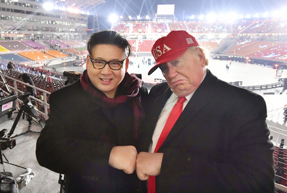 Howard and Dennis Alan as Kim Jong-un and Donald Trump at the Pyeongchang Winter Olympics opening ceremony in South Korea. Photo: Kyodo