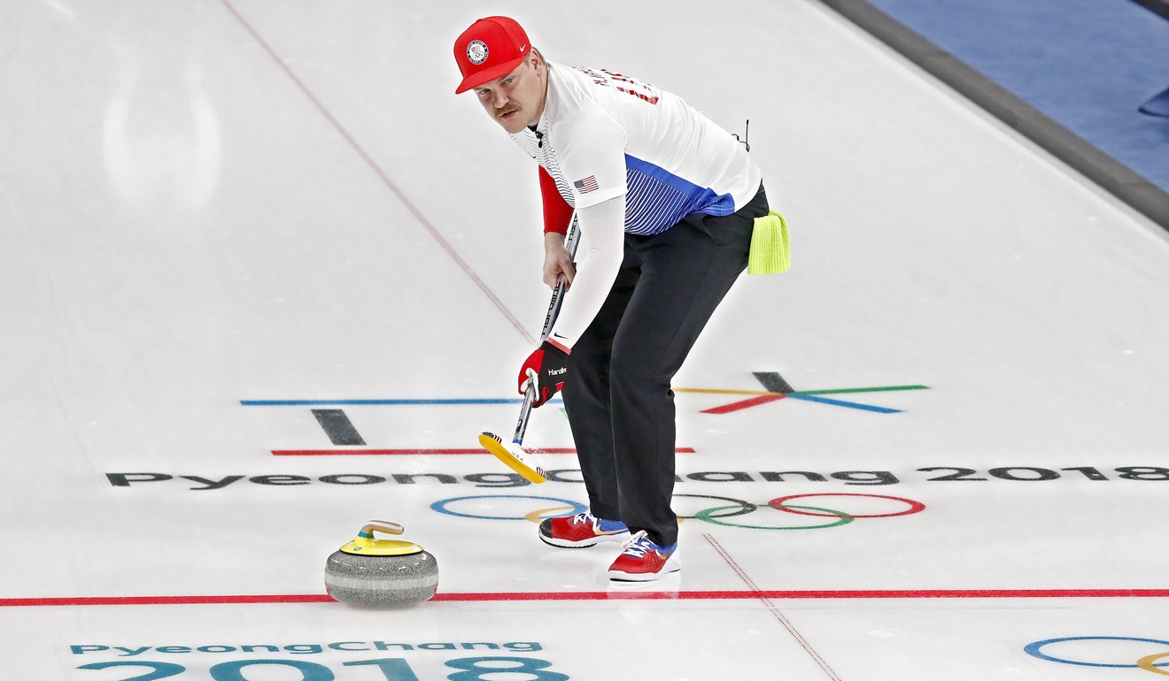 Matt Hamilton of the US in action during the mixed doubles round robin match against Norway at the Pyeongchang Games. Photo: EPA
