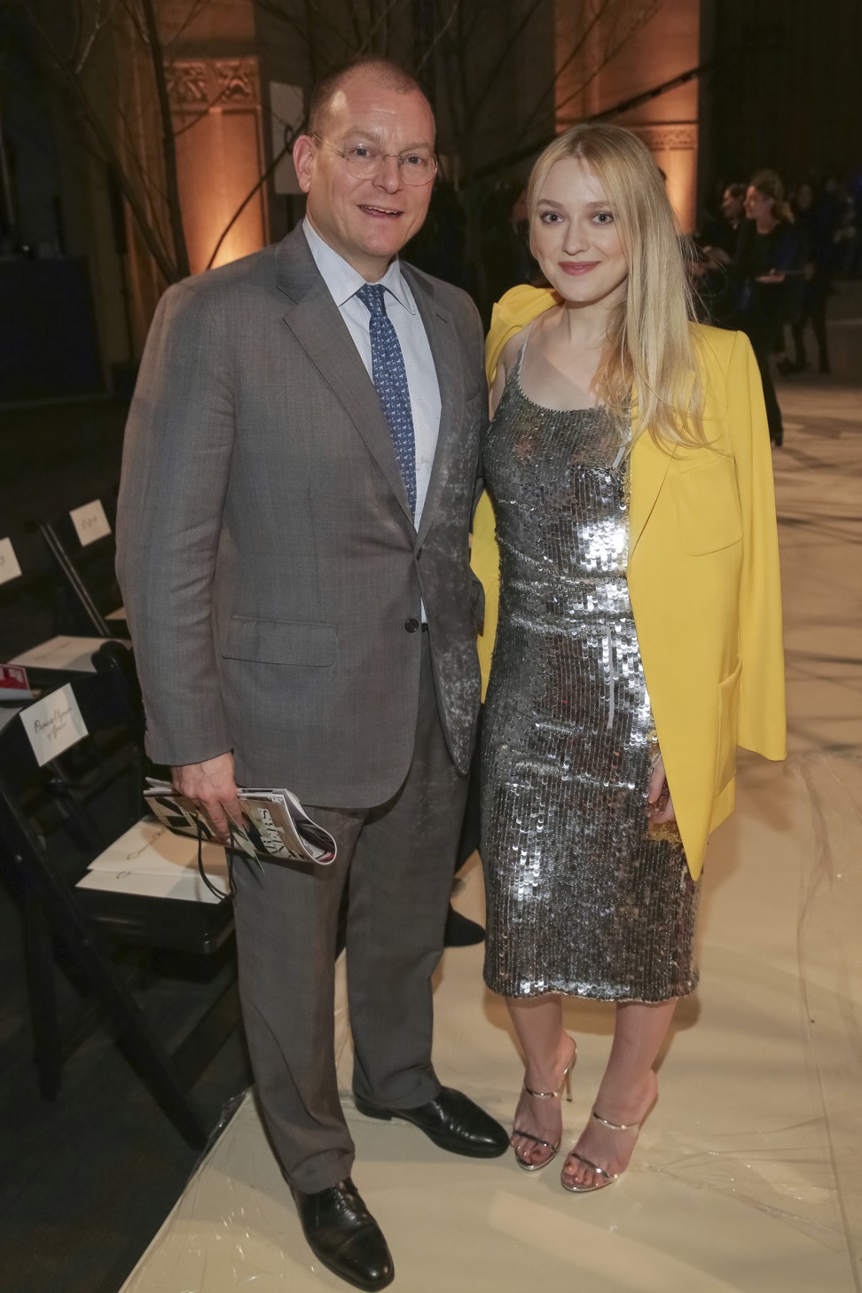 Alex Bolen, CEO of Oscar de la Renta, with actress Dakota Fanning at the label’s autumn/winter 2018 runway show during New York Fashion Week. Photo: AP