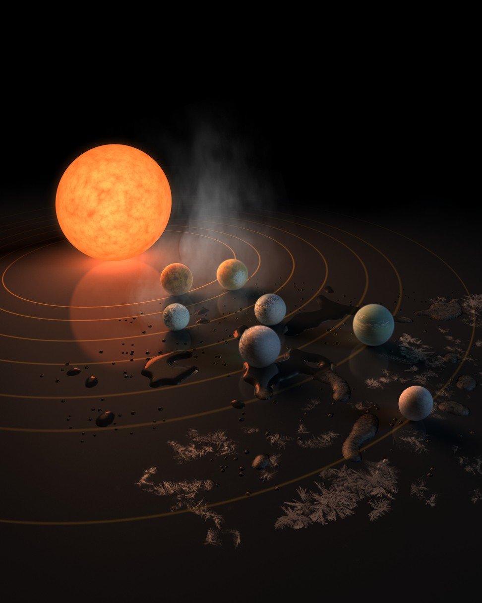 This handout image obtained from the European Southern Observatory (ESO) shows an artist’s impression displays TRAPPIST-1 and its planets reflected in a surface. Scientists have discovered 100 exoplanets. Photo: AFP