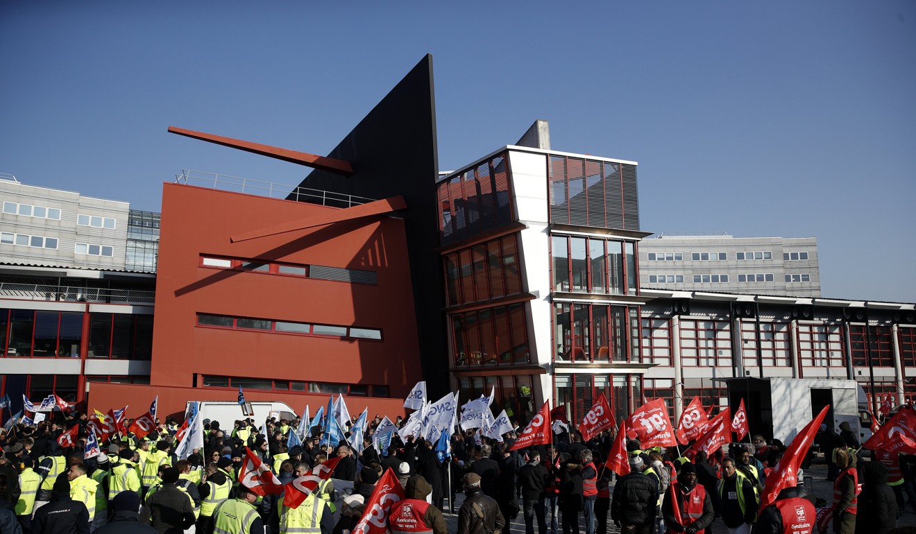 Air France workers protest near the airline’s headquarters in Roissy, near Paris. Photo: EPA