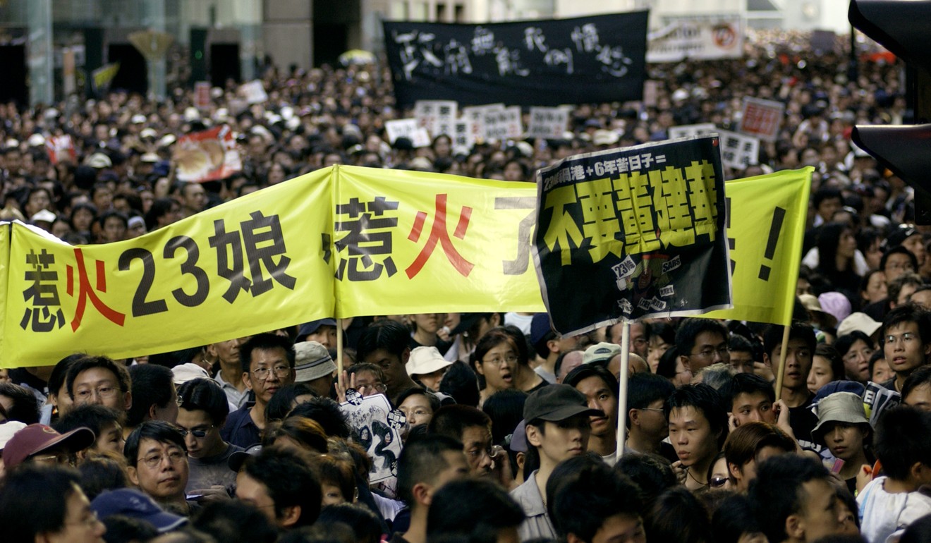 Protests such as this one in 2003 derailed efforts to pass national security legislation in Hong Kong, and the issue remains unresolved today, even though Beijing granted Hong Kong the authority to make its own law. Photo: Jonathan Wong