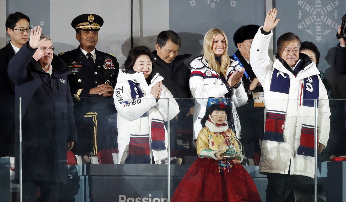President of the International Olympic Committee Thomas Bach, South Korean President Moon Jae-in, North Korea’s delegation leader Kim Yong-chol and Ivanka Trump at the closing ceremony. Photo: Reuters
