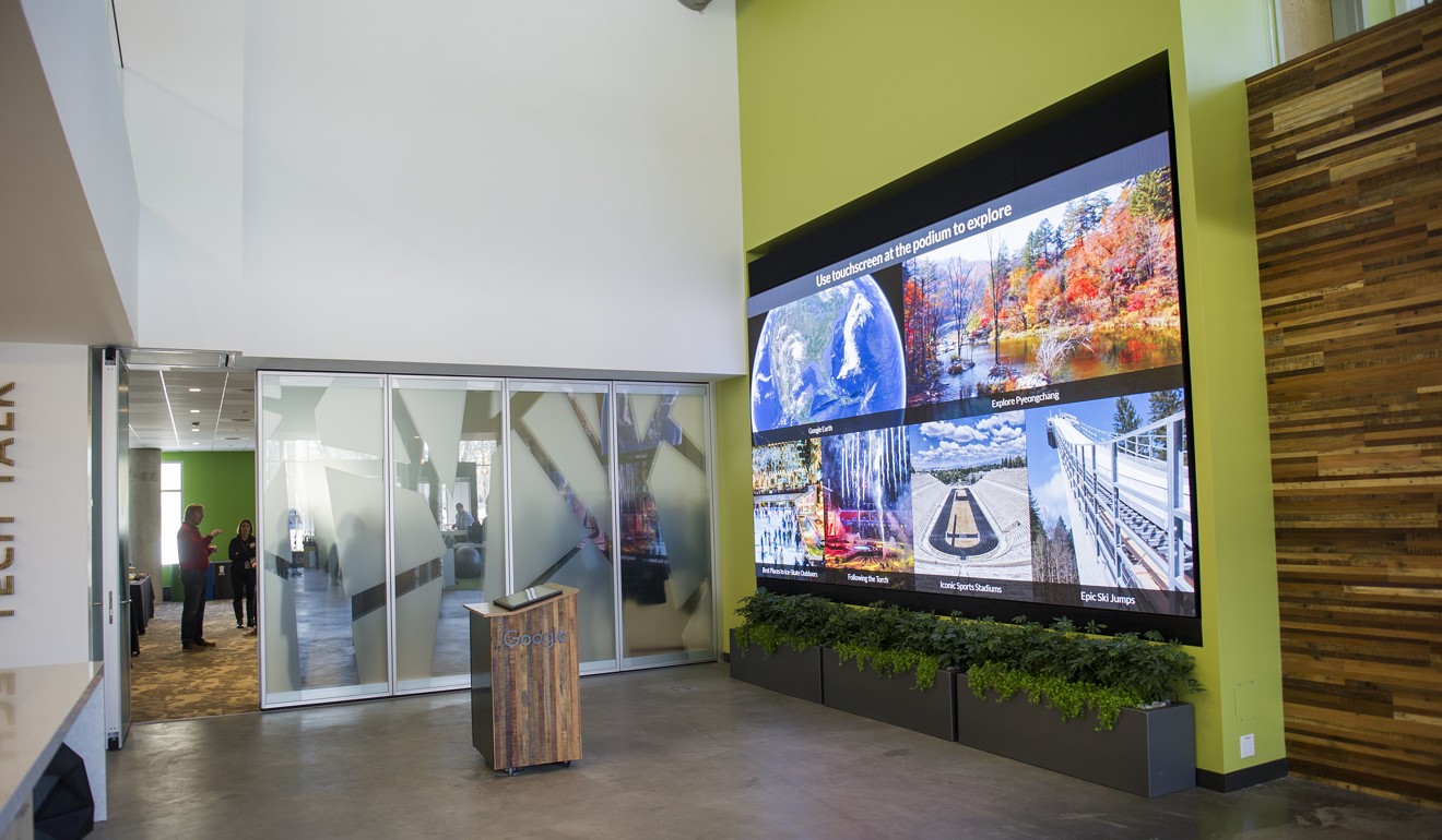 An interactive touch screen stands in the lobby of the new Google campus in Boulder, Colorado, where the company has moved Google more than 800 employees. Photo: Bloomberg