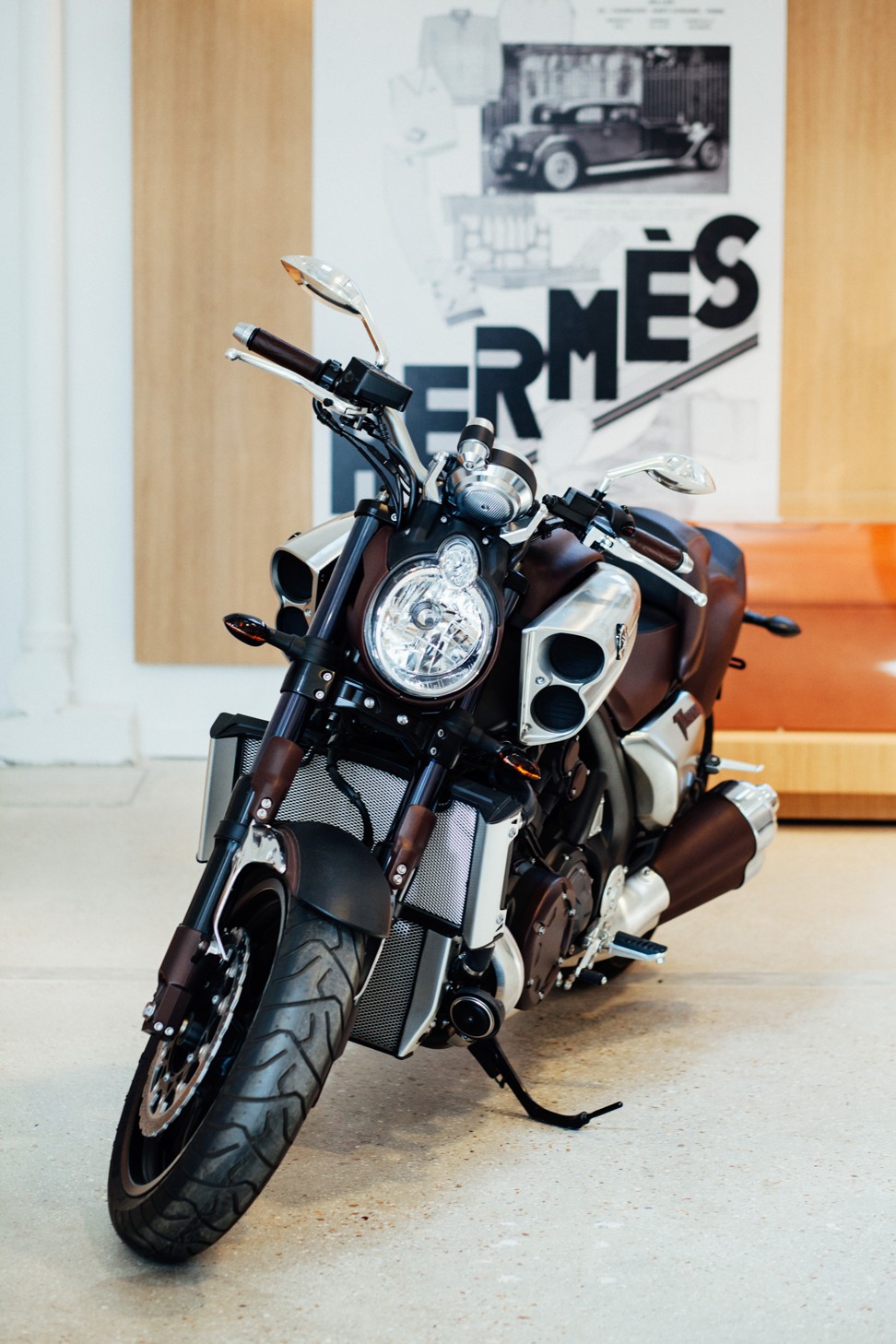 A finished motorbike in the Hermès showroom. Photo: Lucien Lung  