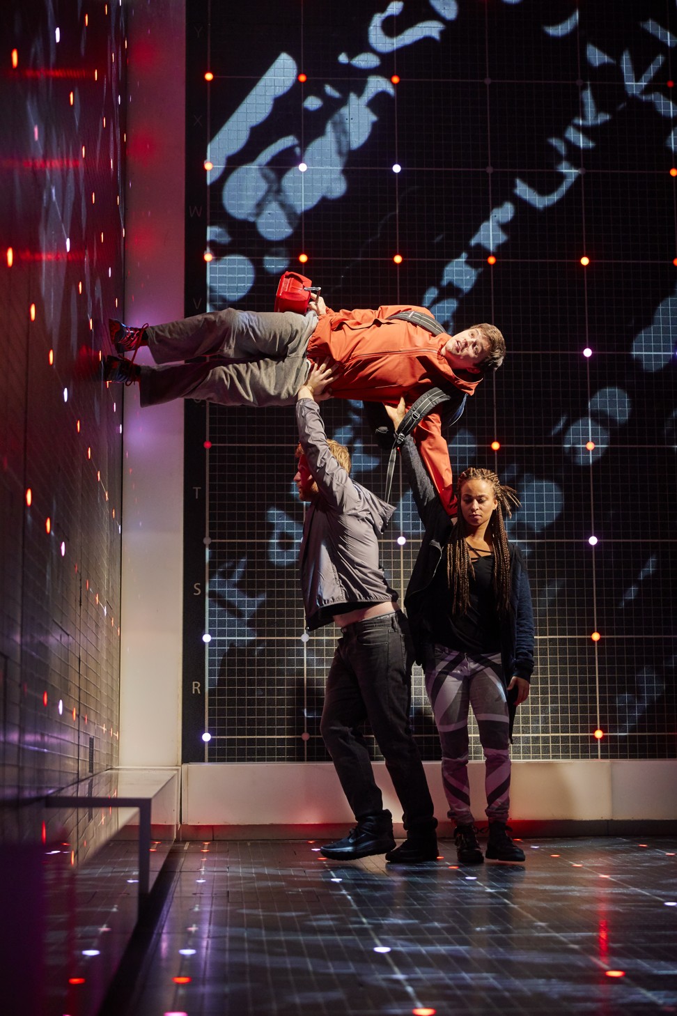 Jenkins as Christopher Boone, Matt Wilman plays Mr Thompson and Crystal Condie as Punk Girl in a scene from The Curious Incident of the Dog in the Night-Time.